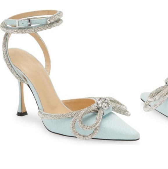 MACH & MACH Glitter Double Crystal Bow Pointed Toe Pump in Baby Blue, Size 40 - Picture 13 of 13